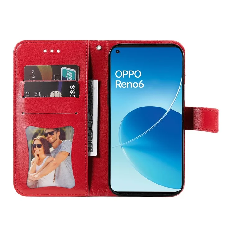 Prägen Blumenmuster Telefonabdeckung PU Leder + TPU Wallet Stand Schutzhülle Mit Handriemen Für Oppo Reno6 4g - Rot