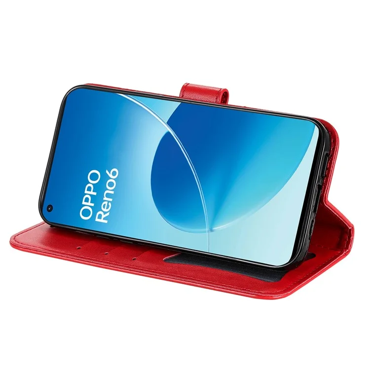 Prägen Blumenmuster Telefonabdeckung PU Leder + TPU Wallet Stand Schutzhülle Mit Handriemen Für Oppo Reno6 4g - Rot