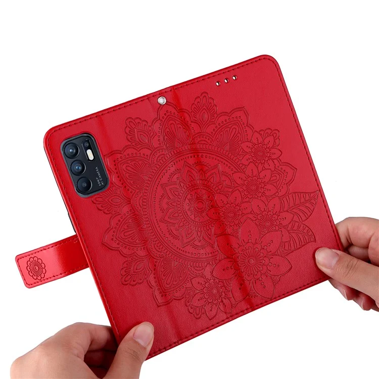 Prägen Blumenmuster Telefonabdeckung PU Leder + TPU Wallet Stand Schutzhülle Mit Handriemen Für Oppo Reno6 4g - Rot