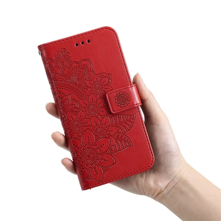 Imprinting Flower Pattern Phone Cover PU Leather + TPU Wallet Stand Protective Case with Hand Strap for Oppo Reno6 4G - Red