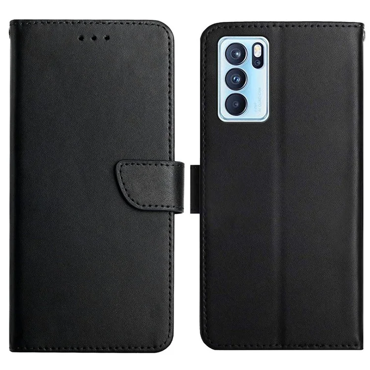 Fall Buffer Nappa Texture Genuine Leather Outer Cover + Soft TPU Inner Shell Solid Color Stand Wallet Case for Oppo Reno6 Pro 5G - Black