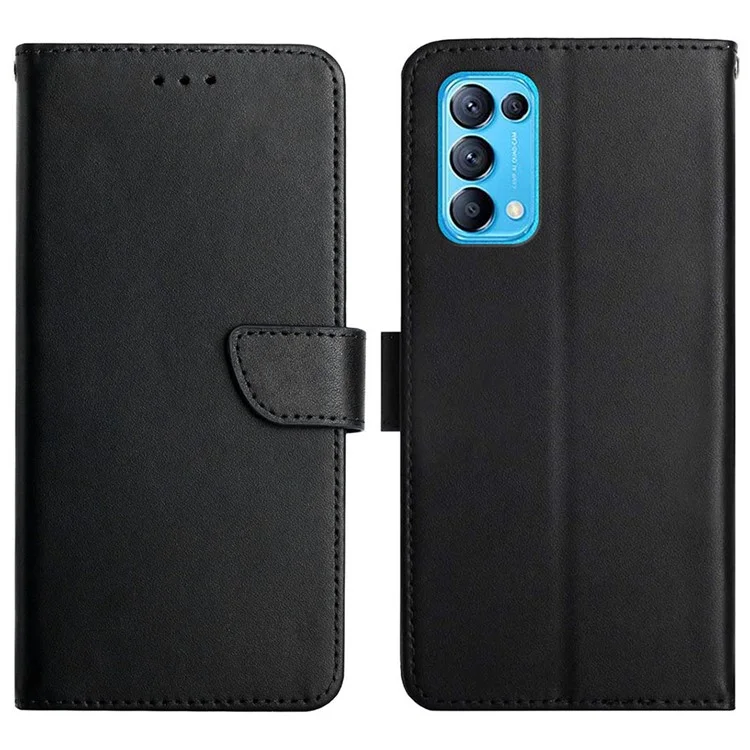 Solid Color Genuine Leather Nappa Texture Case Magnetic Closure Shockproof Wallet Folio Flip Protective Phone Cover with Stand for Oppo Reno5 4G/5G/Reno5 K/Find X3 Lite - Black