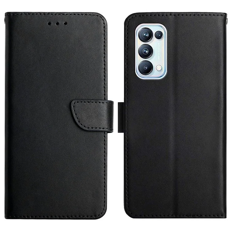 Per Oppo Reno5 Pro 5G Genuina in Pelle Nappa Texture Case Del Portafoglio a Colori Solido Copertina Con Supporto - Nero