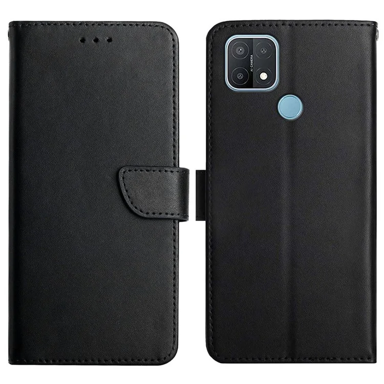 Solid Color Shockproof Nappa Texture Genuine Leather Outer Cover + Soft TPU Inner Shell with Stand Wallet for Oppo A15/A15s - Black