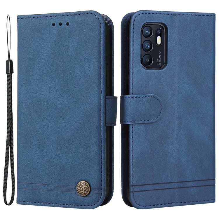 Supporting Stand Retro Tree Pattern Metal Button Decor Wallet PU Leather Phone Case Cover for Oppo Reno6 4G - Blue