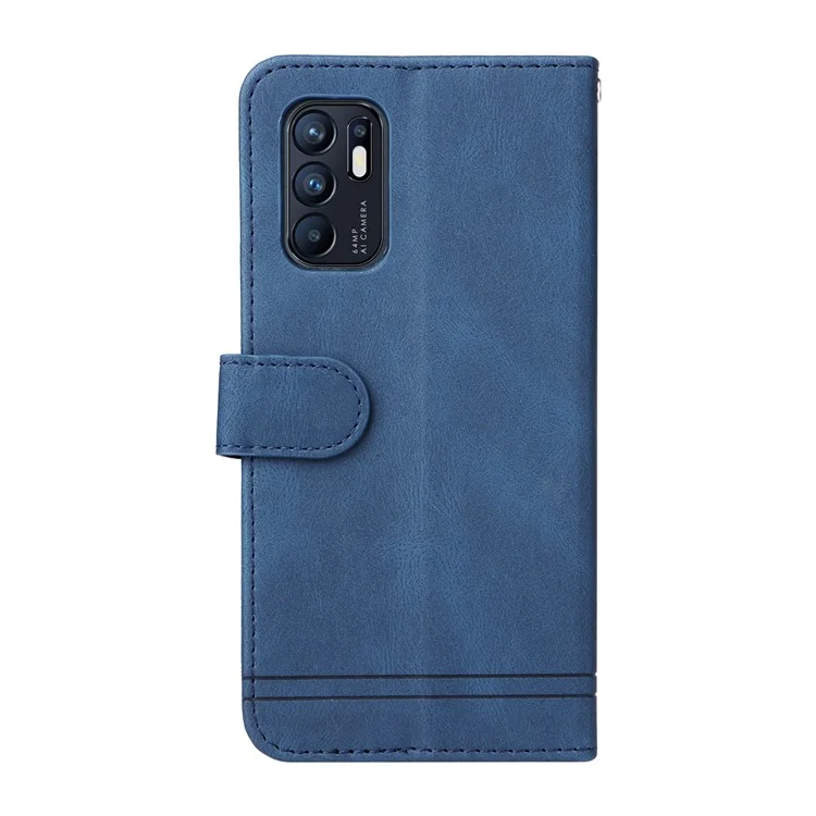 Supporting Stand Retro Tree Pattern Metal Button Decor Wallet PU Leather Phone Case Cover for Oppo Reno6 4G - Blue