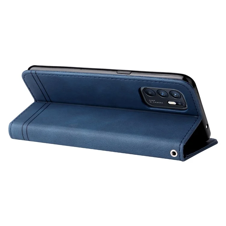 Supporting Stand Retro Tree Pattern Metal Button Decor Wallet PU Leather Phone Case Cover for Oppo Reno6 4G - Blue