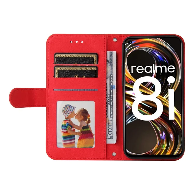 For Realme 8i / Narzo 50 4G Leather Wallet Cases Skin Touch Phone Cover Stand with Strap - Red