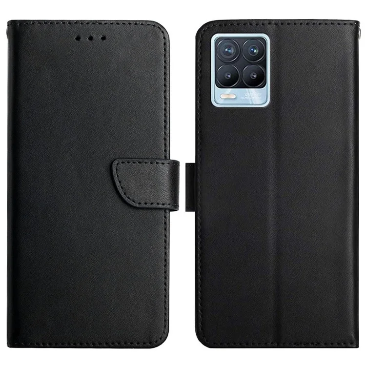 Pour Realme 8/8 Pro Véritable Cuir Nappa Texture Texture Texture Finger-Preabile - Volet Solide Flip Téléphone Portable Coquille Avec Support - Le Noir