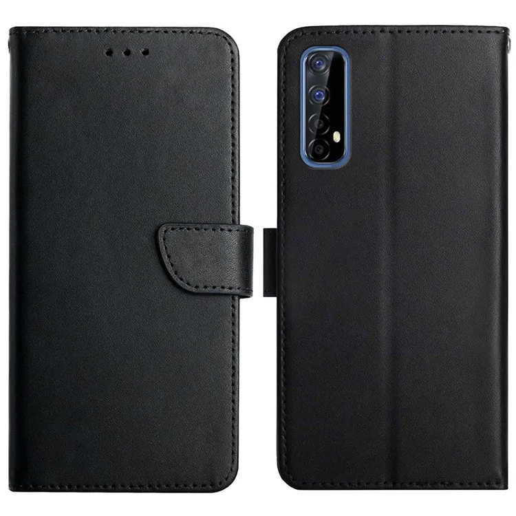 Solid Color Nappa Texture Genuine Leather Folio Flip Outer Cover + Soft TPU Inner Shell with Stand Wallet for Realme Narzo 20 Pro/7 (Asia)/(Global) - Black