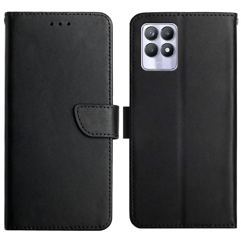 Genuine Leather Case Stand Wallet Design Nappa Texture Magnetic Closure Phone Cover Shell for Realme 8i/Narzo 50 4G - Black