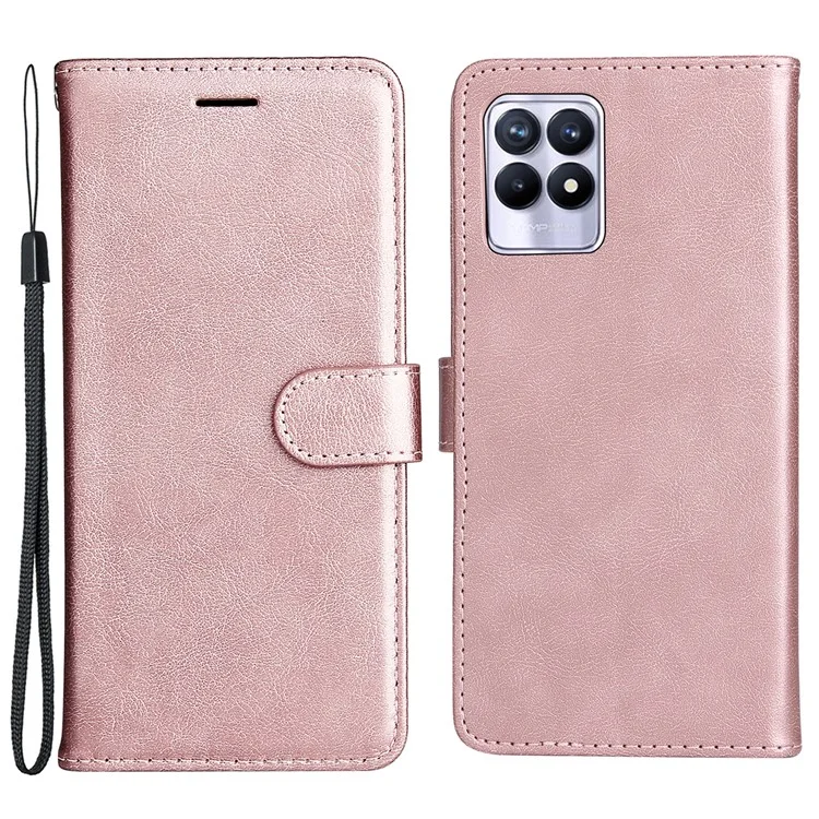 For Realme 8i / Narzo 50 4G 11T Pro Case Solid Color Leather Mobile Cover Wallet Stand with Strap - Rose Gold