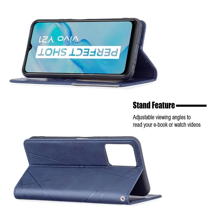 Для vivo Y21 Scratch-resistant Rhombus-Like Protective Phone Cover Imprinting Card Slots Design Leather Stand Phone Case - Blue