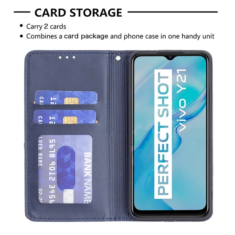 Для vivo Y21 Scratch-resistant Rhombus-Like Protective Phone Cover Imprinting Card Slots Design Leather Stand Phone Case - Blue