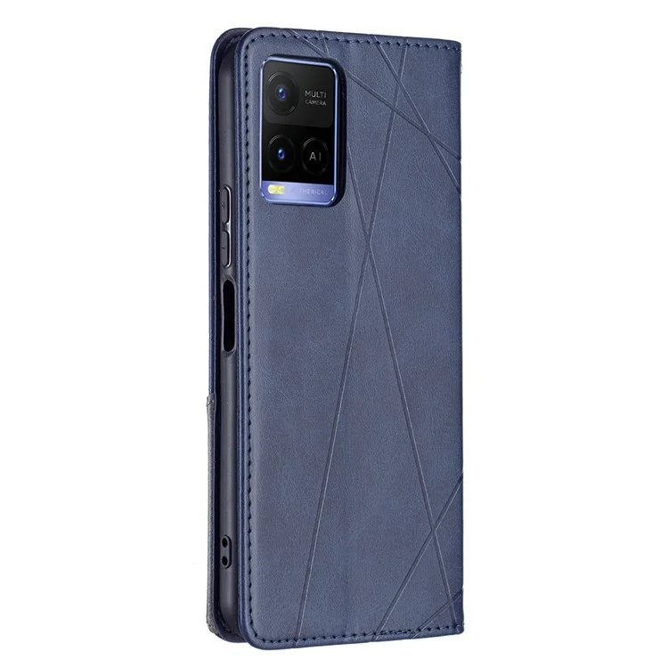 For vivo Y21 Scratch-resistant Rhombus-Like Protective Phone Cover Imprinting Card Slots Design Leather Stand Phone Case - Blue