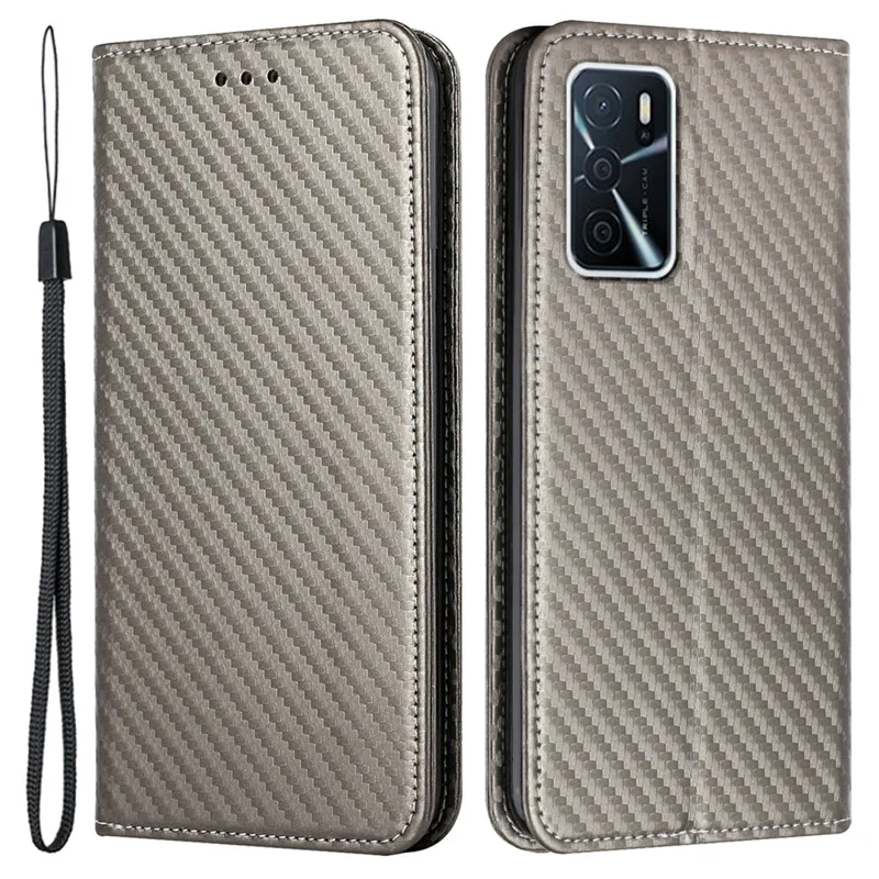 Anti-fall Carbon Fiber Texture Stand Wallet Design Auto-absorbed Leather Case Cover with Hand Strap for Oppo A16 / A16s / A54s - Grey