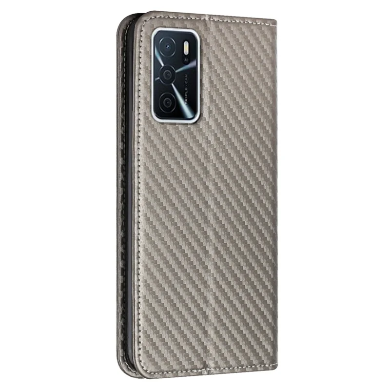Anti-fall Carbon Fiber Texture Stand Wallet Design Auto-absorbed Leather Case Cover with Hand Strap for Oppo A16 / A16s / A54s - Grey