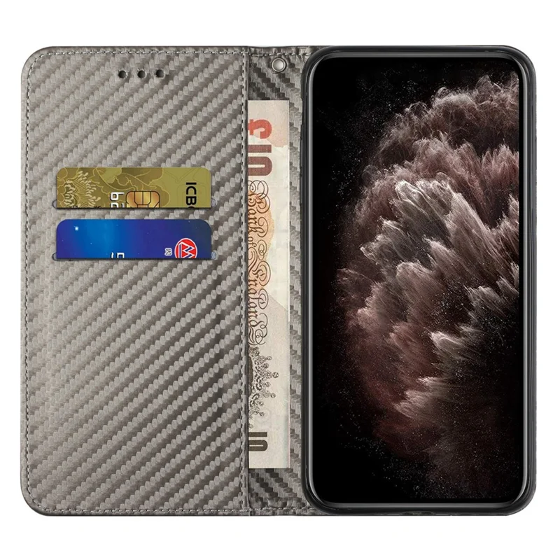Anti-fall Carbon Fiber Texture Stand Wallet Design Auto-absorbed Leather Case Cover with Hand Strap for Oppo A16 / A16s / A54s - Grey
