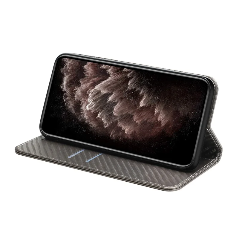 Anti-fall Carbon Fiber Texture Stand Wallet Design Auto-absorbed Leather Case Cover with Hand Strap for Oppo A16 / A16s / A54s - Grey