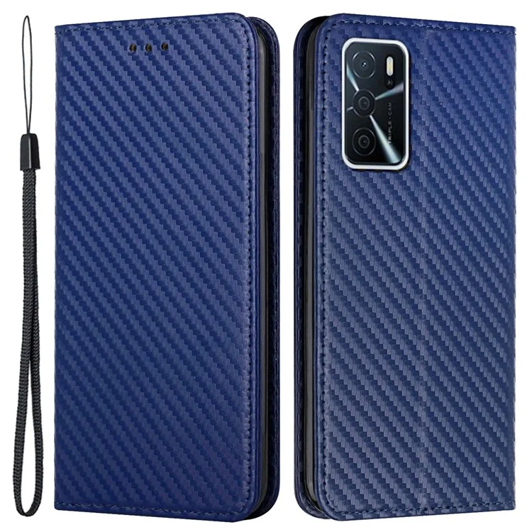 Funda de Cartera con Diseño de Soporte de Textura de Fibra de Carbono Antideslizante con Correa para el Oppo A16 / A16s / A54s - Azul