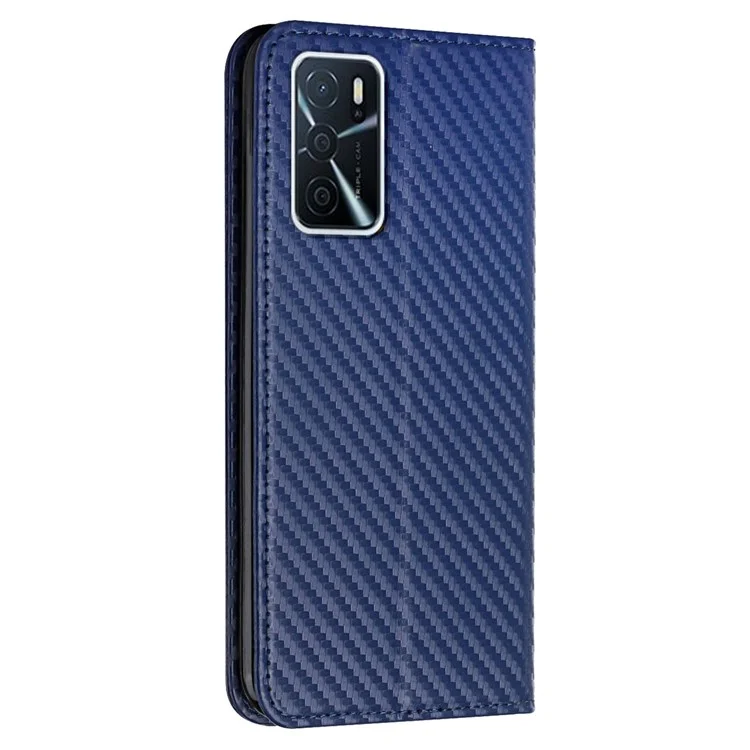 Funda de Cartera con Diseño de Soporte de Textura de Fibra de Carbono Antideslizante con Correa para el Oppo A16 / A16s / A54s - Azul