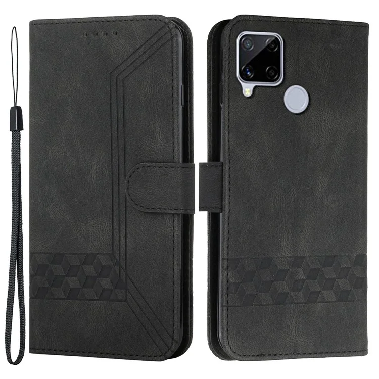 YX0010 Anti-collision Rombus Lines Implinting Skin Touch Feel Flip Cover + Soft Inner Shell Swelet Case Для Realme C12/c15/c25/c25s/7i (global)/narzo 20/narzo 30A - Черный