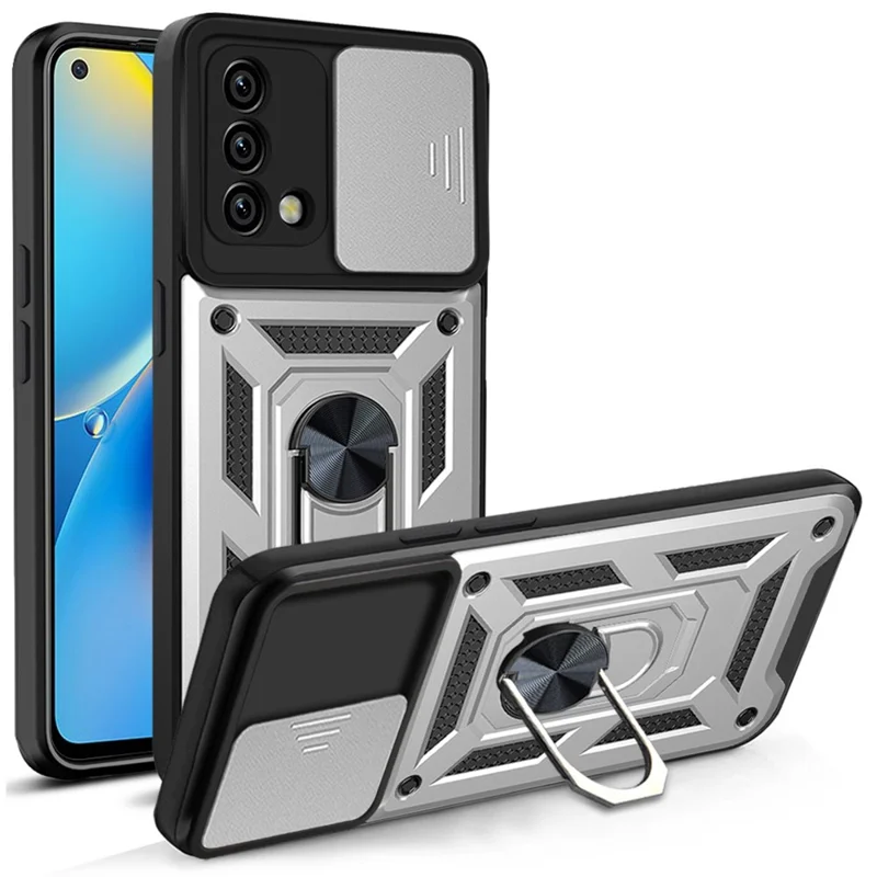 For Oppo A74 4G Camera Slide Cover Ring Holder Kickstand Shockproof PC + TPU Phone Case - Silver