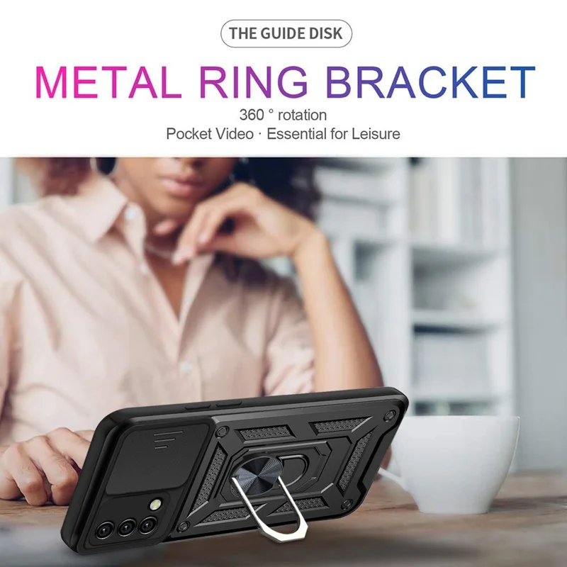 For Oppo A74 4G Camera Slide Cover Ring Holder Kickstand Shockproof PC + TPU Phone Case - Silver