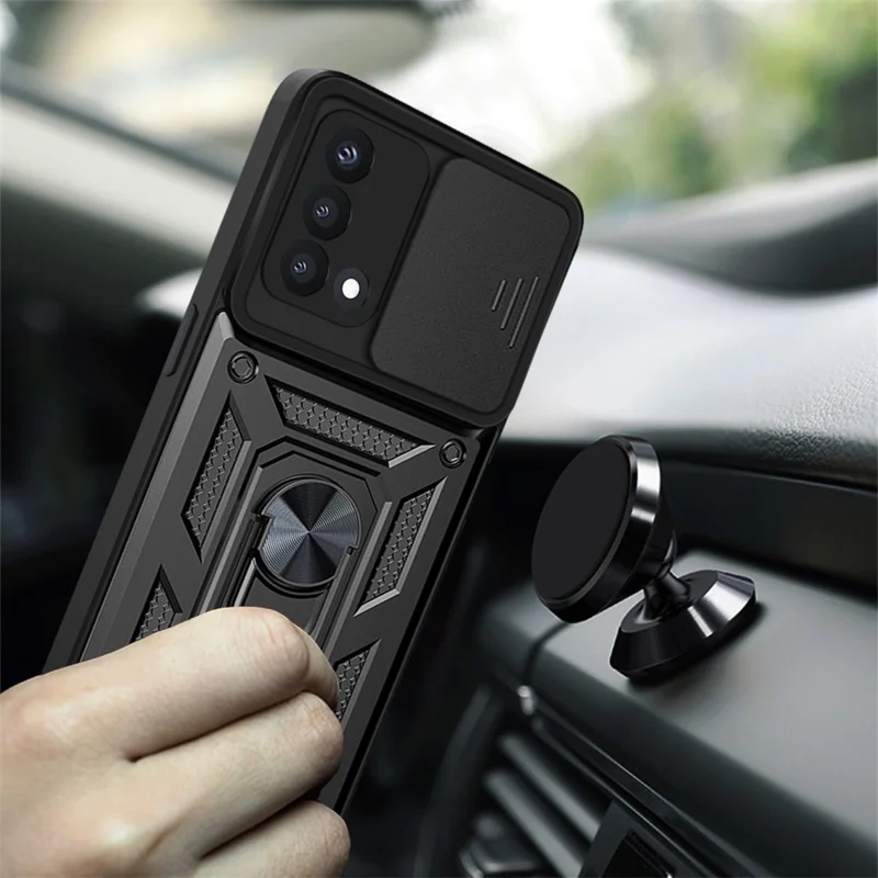 For Oppo A74 4G Camera Slide Cover Ring Holder Kickstand Shockproof PC + TPU Phone Case - Silver