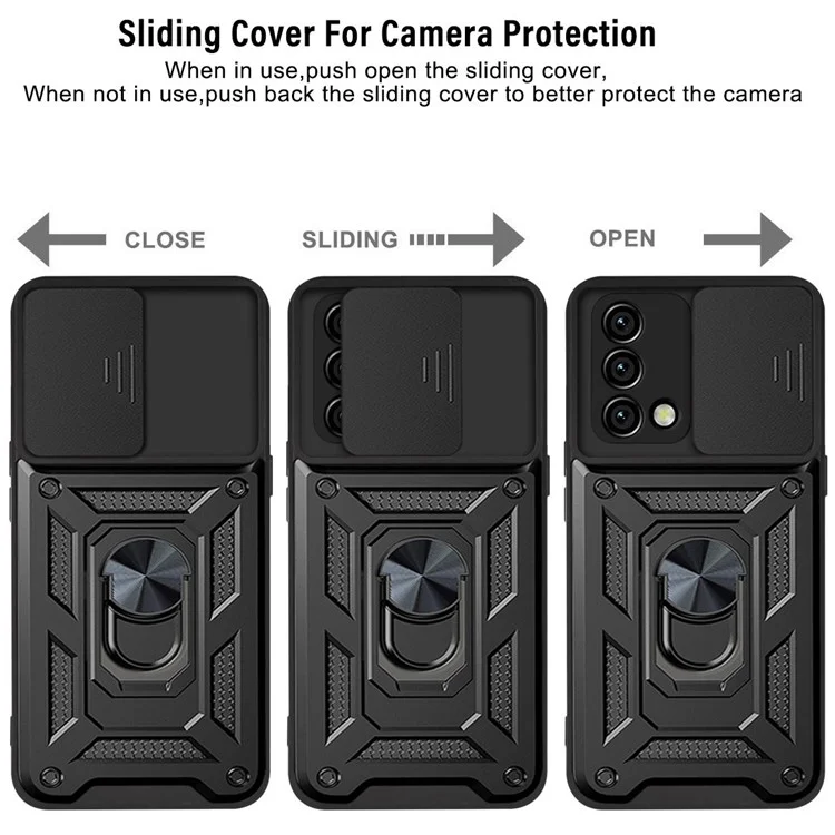 For Oppo A74 4G Camera Slide Cover Ring Holder Kickstand Shockproof PC + TPU Phone Case - Green