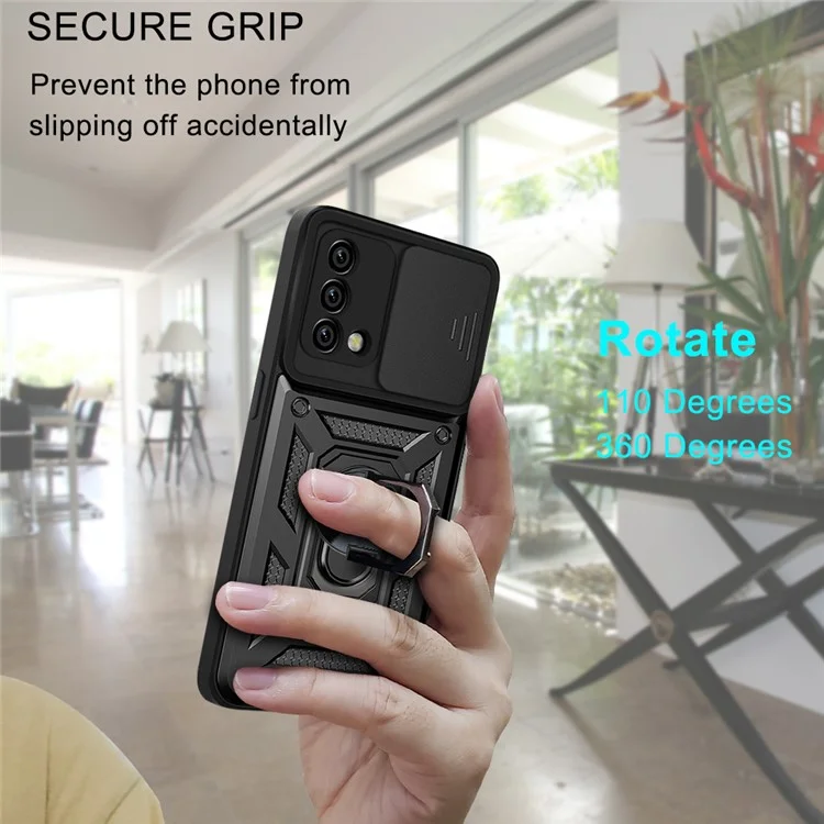 For Oppo A74 4G Camera Slide Cover Ring Holder Kickstand Shockproof PC + TPU Phone Case - Green