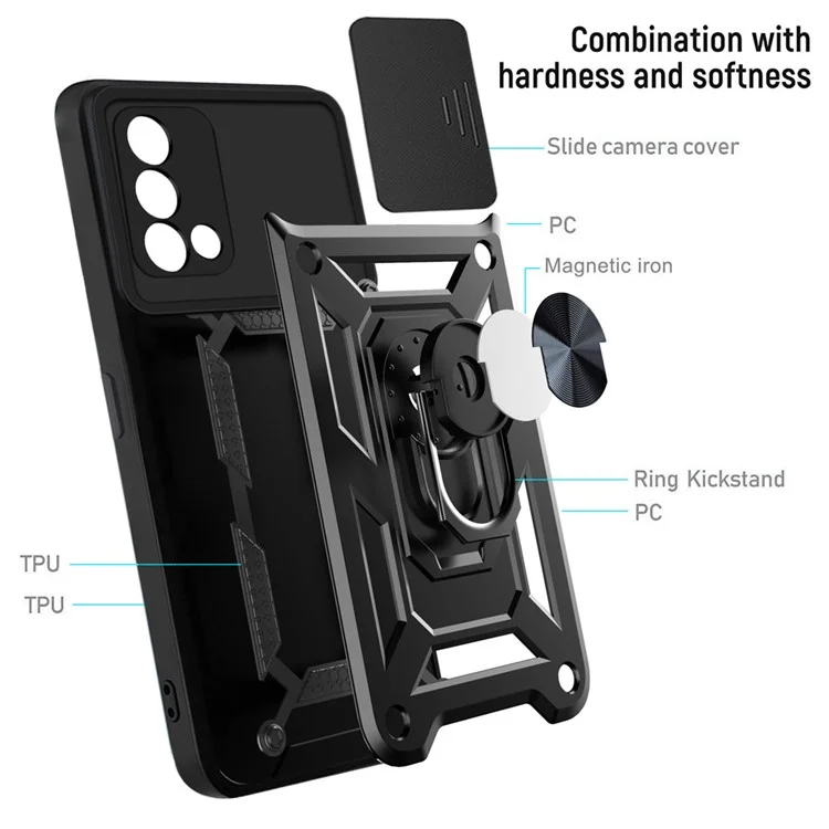 For Oppo A74 4G Camera Slide Cover Ring Holder Kickstand Shockproof PC + TPU Phone Case - Green