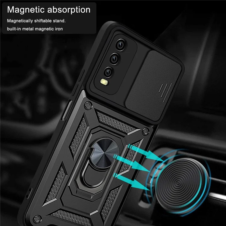 Ring Kickstand Design Camera Slide Cover PC + TPU Anti-fall Hybrid Case Cover for vivo Y20 - Black