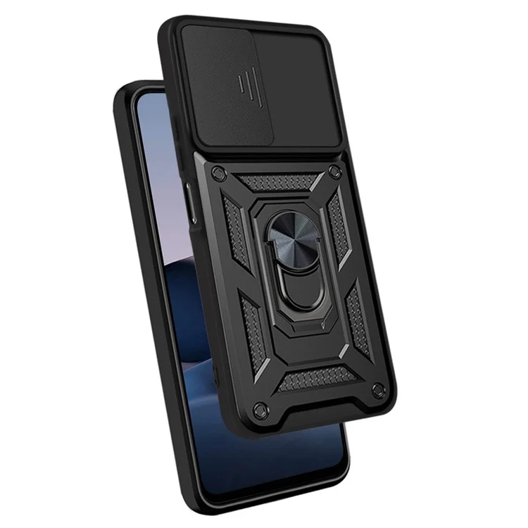 Ring Kickstand Design Camera Slide Cover PC + TPU Anti-fall Hybrid Case Cover for vivo Y20 - Black