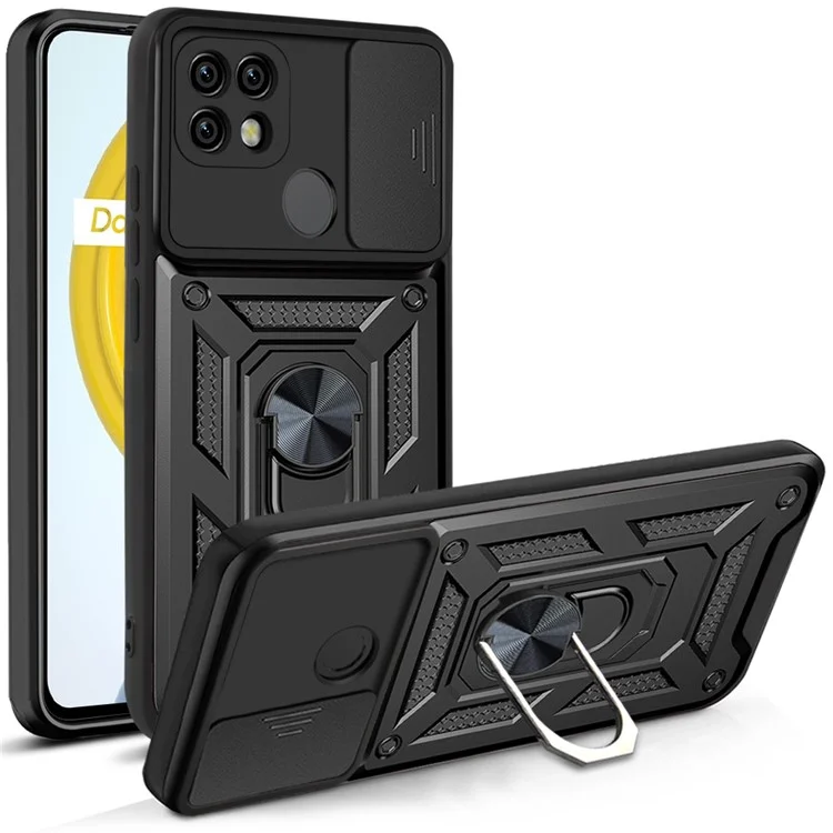Caméra Slide Cover Antichoc Anti-chute Bague Titulaire Béquille PC + Étui de Protection TPU pour Realme C21 - Noir