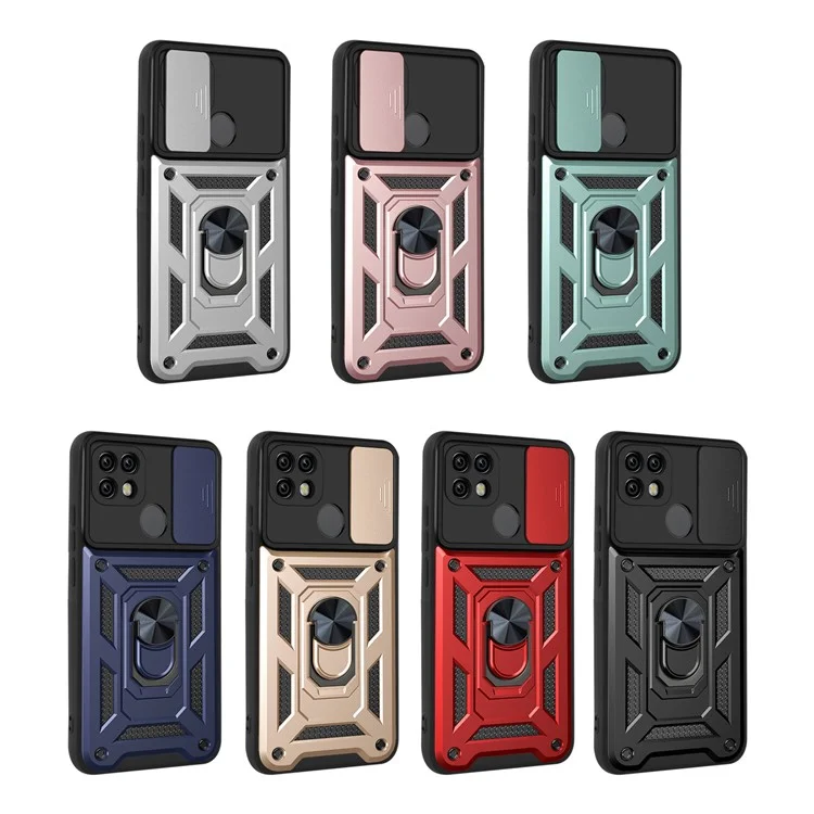 Caméra Slide Cover Antichoc Anti-chute Bague Titulaire Béquille PC + Étui de Protection TPU pour Realme C21 - Noir