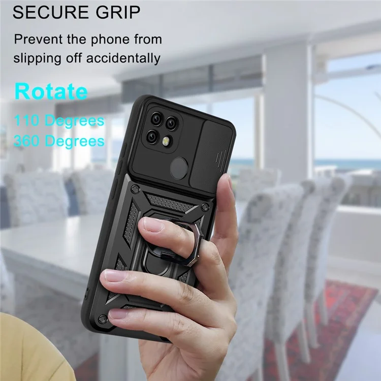Caméra Slide Cover Antichoc Anti-chute Bague Titulaire Béquille PC + Étui de Protection TPU pour Realme C21 - Noir