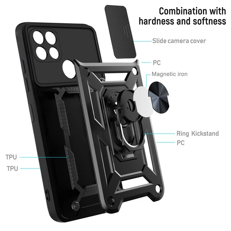 Caméra Slide Cover Antichoc Anti-chute Bague Titulaire Béquille PC + Étui de Protection TPU pour Realme C21 - Noir