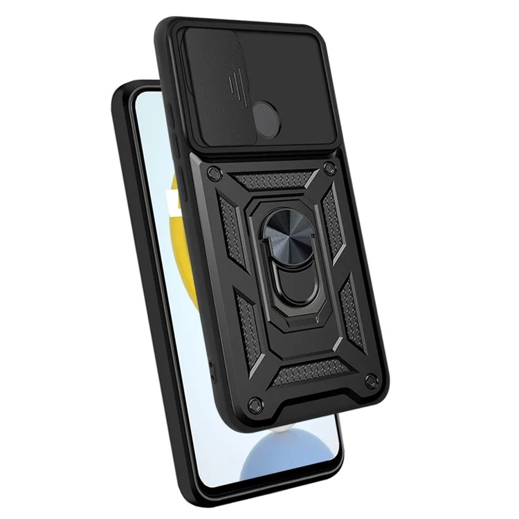 Caméra Slide Cover Antichoc Anti-chute Bague Titulaire Béquille PC + Étui de Protection TPU pour Realme C21 - Noir