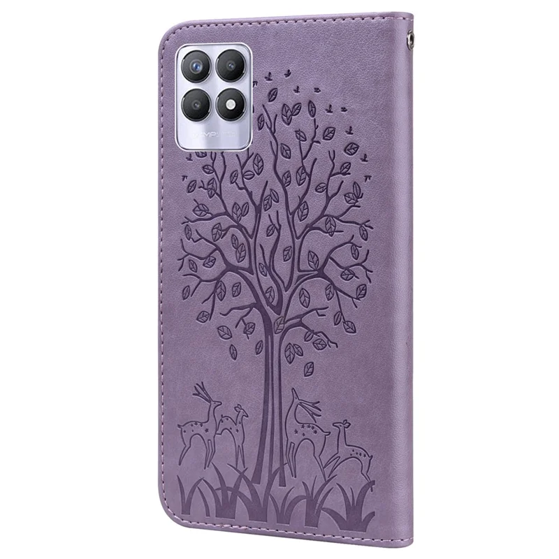 For Realme 8i/Narzo 50 4G Deer Tree Pattern Imprint PU Leather Wallet Stand Mobile Phone Protective Cover Shell - Purple
