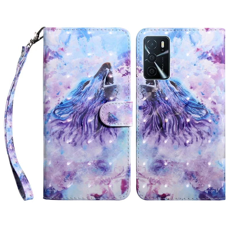3D Mønstertrykt PU Læder Blød TPU Indvendig Wallet Ståflip Case med Rem til Oppo A16 / A16s / A54s / A54 4G / A55 5G - Hylende Ulv