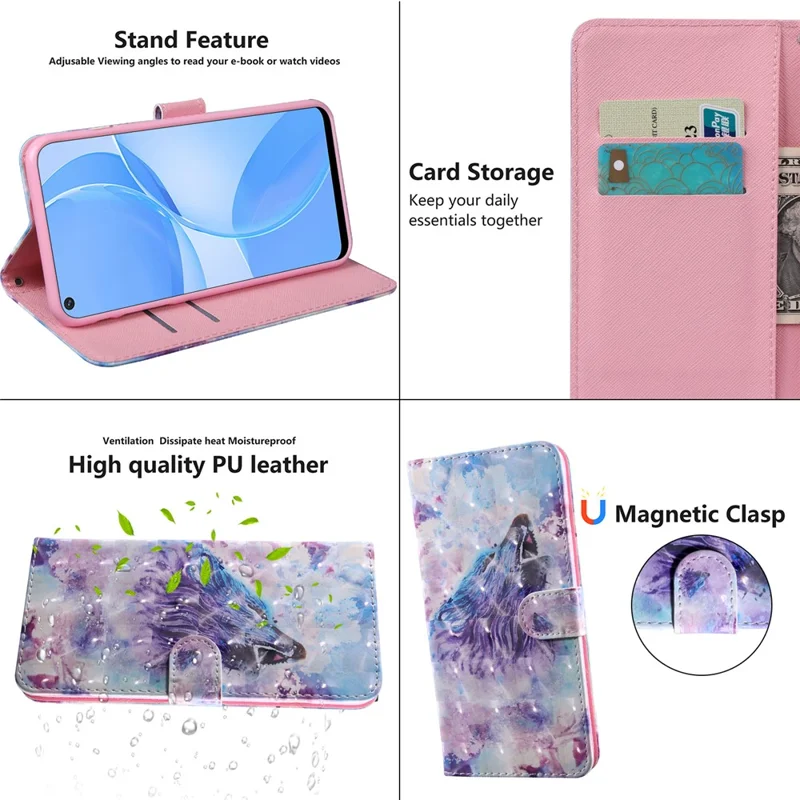 3D Mønstertrykt PU Læder Blød TPU Indvendig Wallet Ståflip Case med Rem til Oppo A16 / A16s / A54s / A54 4G / A55 5G - Hylende Ulv