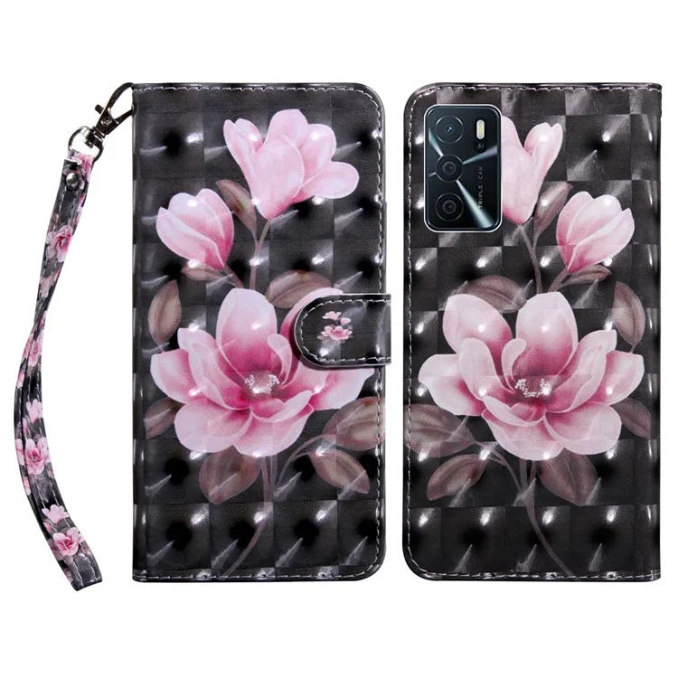 Custodia a libro in PU con stampa 3D, TPU interno morbido, supporto e tracolla per Oppo A16 / A16s / A54s / A54 4G / A55 5G - Fiori rosa 