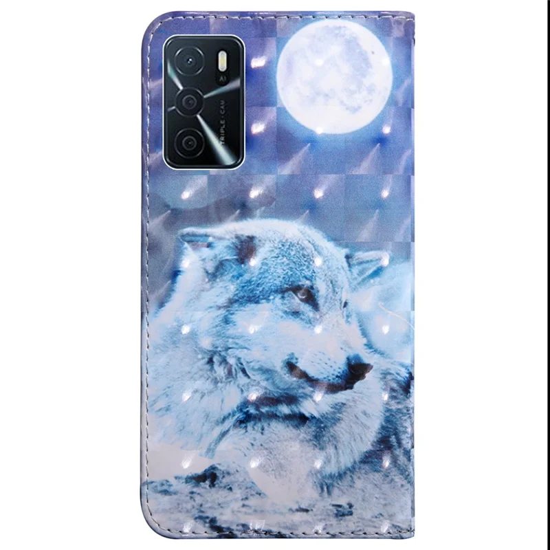 3D Pattern Printing PU Leather Soft TPU Inner Wallet Stand Flip Case with Strap for Oppo A16 / A16s / A54s / A54 4G / A55 5G - Snow Wolf