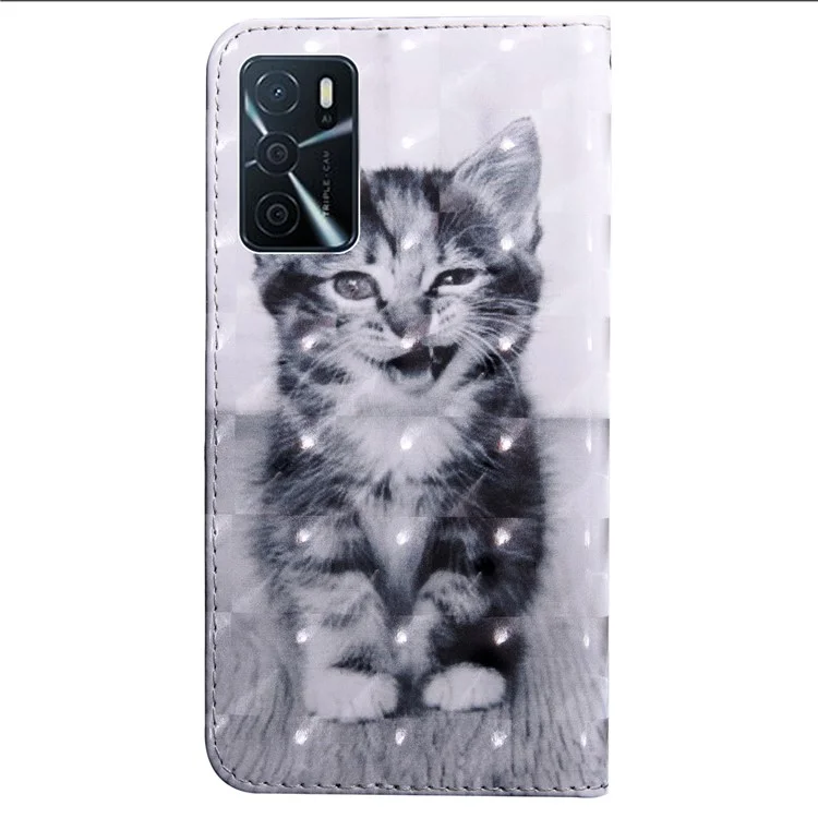 Étui à rabat en cuir PU avec impression 3D, intérieur TPU souple, support pour Oppo A16 / A16s / A54s / A54 4G / A55 5G - Cat