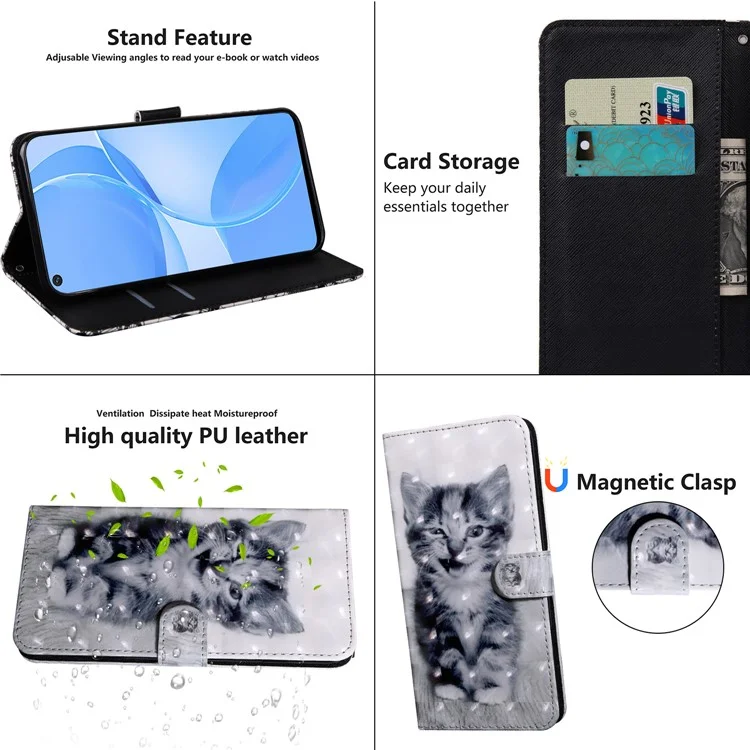 Étui à rabat en cuir PU avec impression 3D, intérieur TPU souple, support pour Oppo A16 / A16s / A54s / A54 4G / A55 5G - Cat