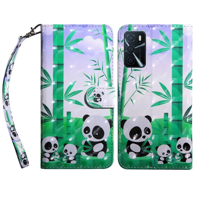 Custodia a Portafoglio con Stampa 3D in Pelle PU e Interno Morbido in TPU con Supporto e Cinturino per Oppo A16 / A16s / A54s / A54 4G / A55 5G - Famiglia di Panda