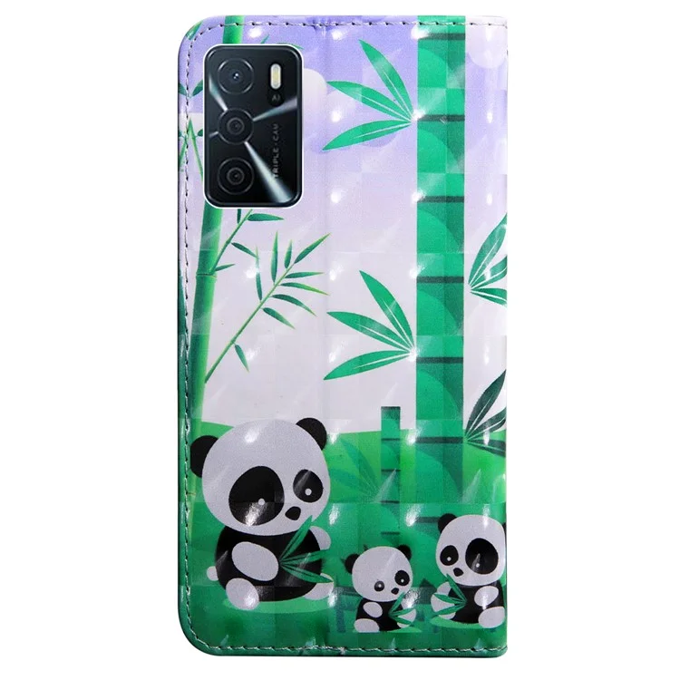 Custodia a Portafoglio con Stampa 3D in Pelle PU e Interno Morbido in TPU con Supporto e Cinturino per Oppo A16 / A16s / A54s / A54 4G / A55 5G - Famiglia di Panda