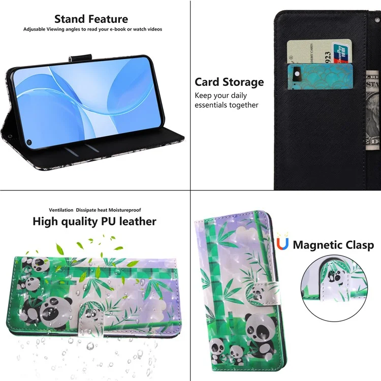 Custodia a Portafoglio con Stampa 3D in Pelle PU e Interno Morbido in TPU con Supporto e Cinturino per Oppo A16 / A16s / A54s / A54 4G / A55 5G - Famiglia di Panda