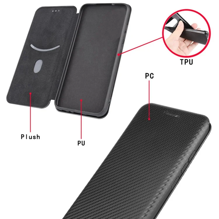 For vivo S10e/V23e Ring Strap Anti-fall Carbon Fiber Texture Auto-absorbed Magnetic Closure Leather Phone Case with Stand - Black